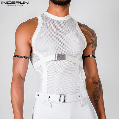 Men Summer O Neck Sleeveless Patchwork Stretch Casual Sport Hollow Tank Tops
