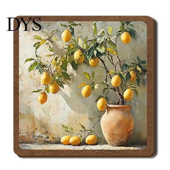 Vintage Lemon Oil Painting Decor Wooden Tabletop Sign, Pastoral Farmhouse Decorative Plaque with Handcrafted Art Iron Stand, Rustic Desktop
