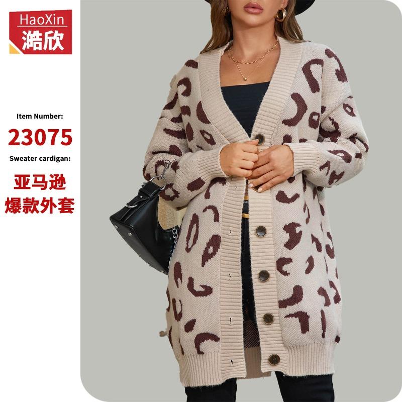 Women S Mid Length Loose Fit Leopard Print Long Sleeve Knit Cardigan Sweater