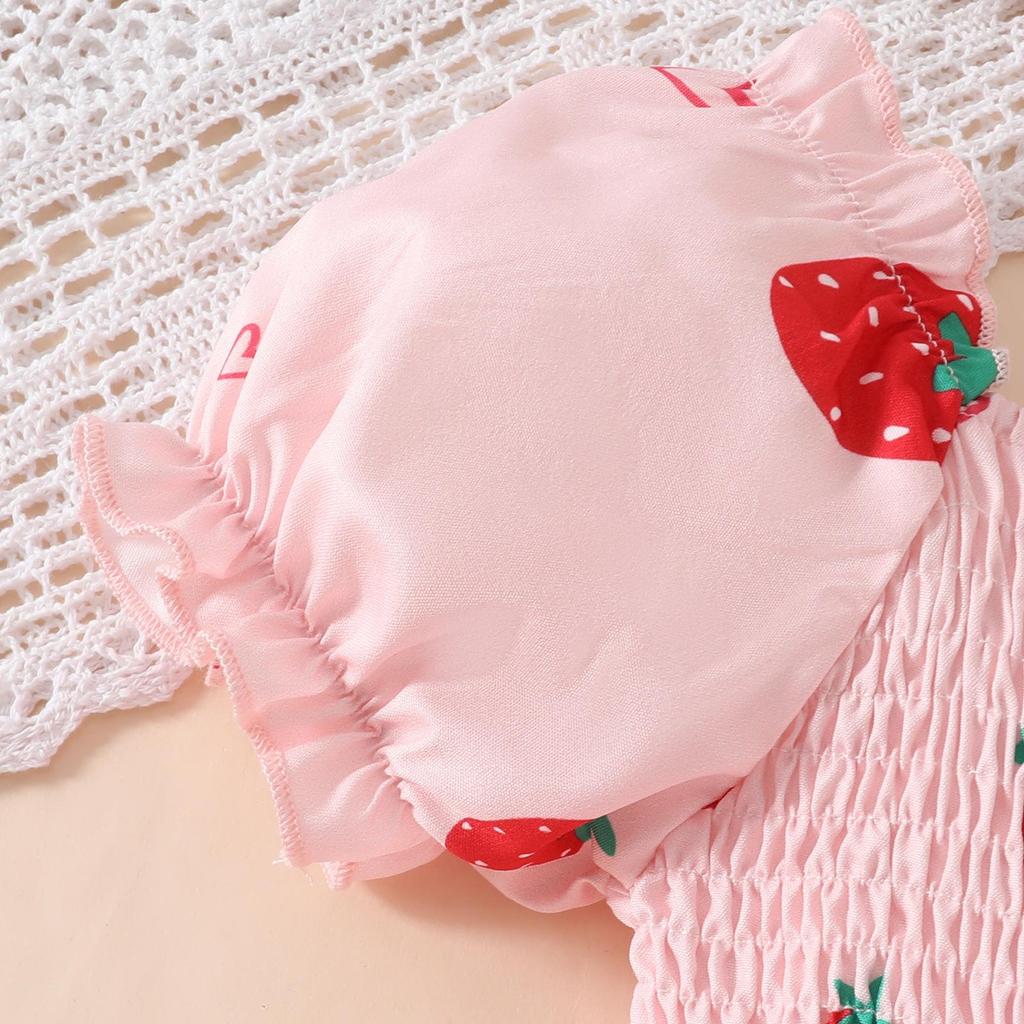 2025 Summer Newborn Ruffle Dress with Lantern Sleeves, Strawberry Butterfly Pattern, and Snap Closure.