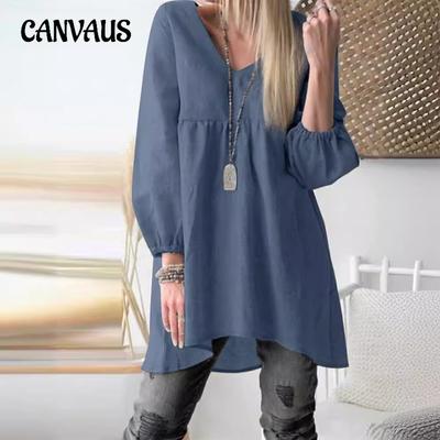 Women's Solid Colour V-Neck Drawstring Lantern Sleeve Top Casual Plus Size Shirt