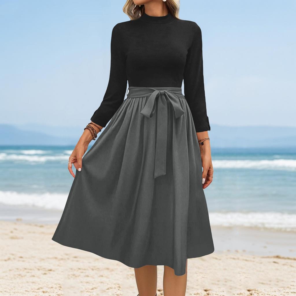 Dámské módní ležérní šaty se sedmirukávovým kulatým výstřihem v jednobarevném provedení