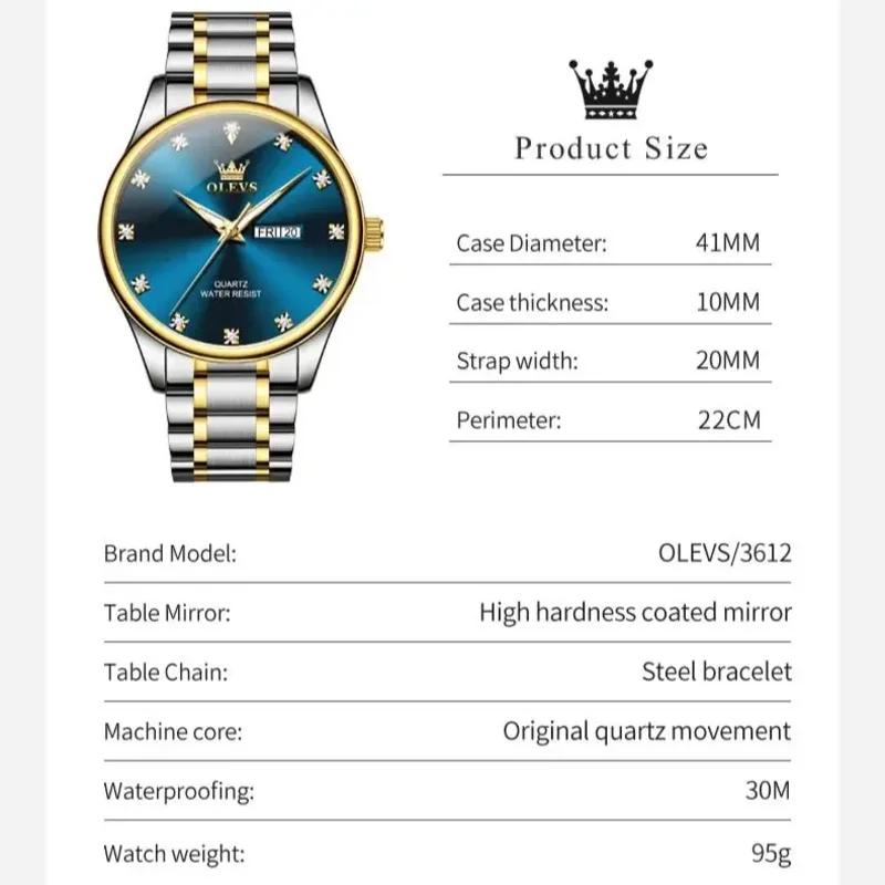 OLEVS Men's Watches Full Gold Wristwatches Stainless Steel Classic Watch with Dual Calendar Display Business Watches
