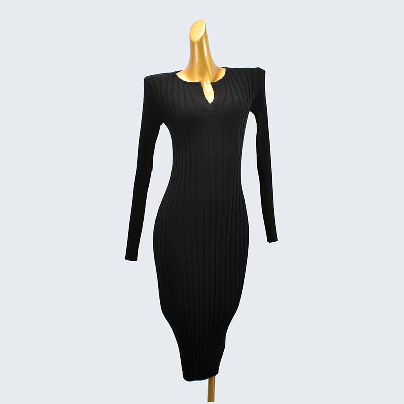 

Fall V-neck Sunken Stripe Long Sleeves Knitting Sweater Silm Sheath Dress Overknee Versatile Inner Wear Bottoming Skirt Women s Clothing Black One size