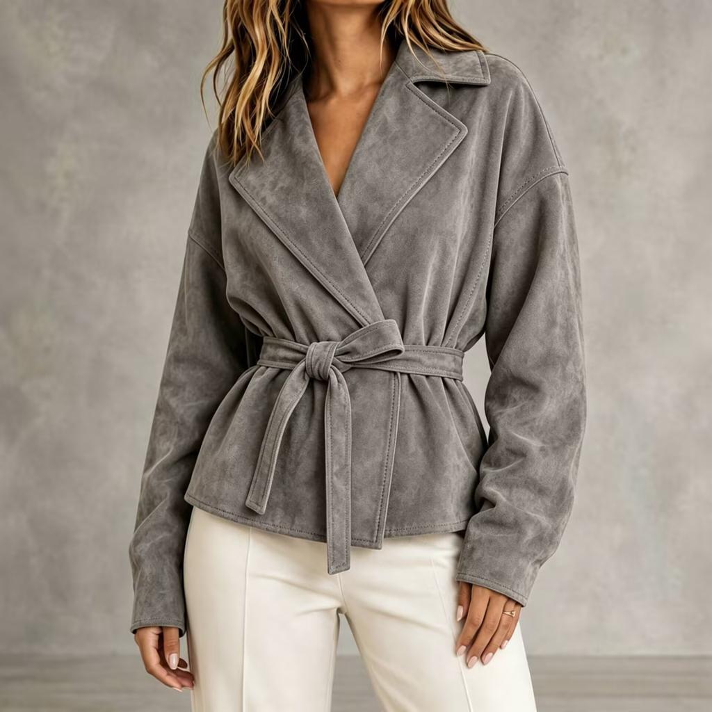 Giacca da Donna in Ecopelle con Collo a Revers e Cintura in Vita per Uso Quotidiano Casual