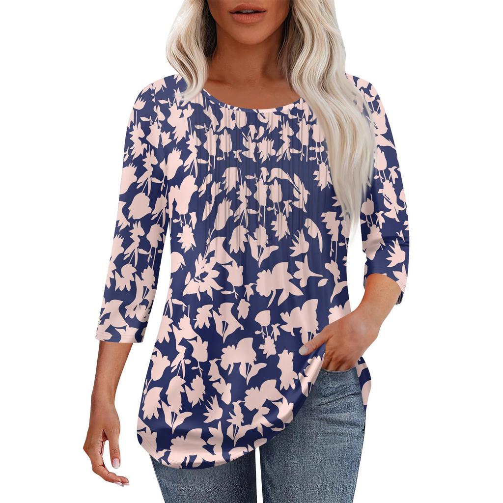 Women's Fashionable Casual Pleated Round Neck Casual Floral Print Seven Quarter Sleeved T-shirt Top