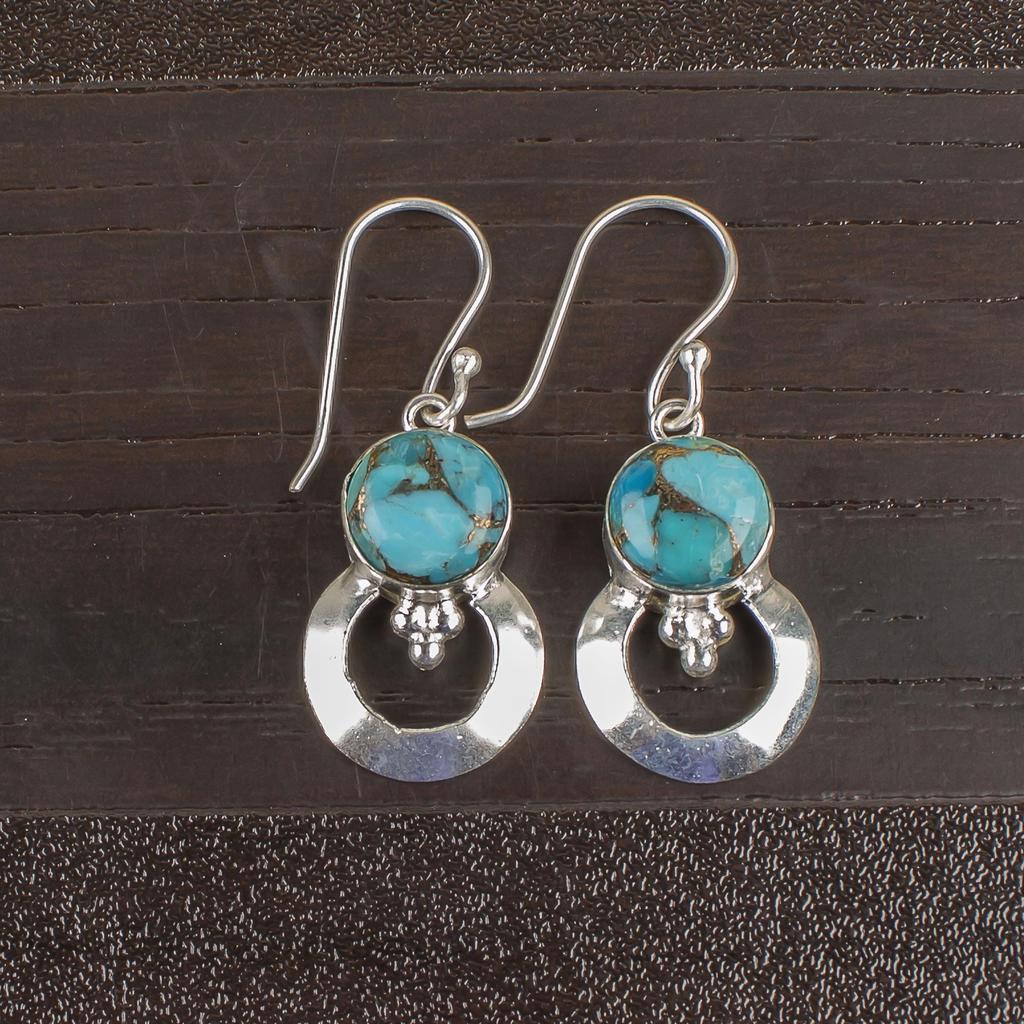 Blue Copper Turquoise Handmade Gemstone Earrings, 925 Solid Sterling Silver Earrings Antique Jewelry, For Engagement Gift