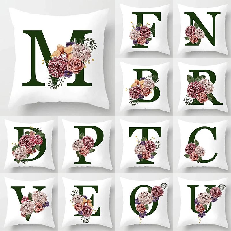 Grüner Buchstaben Floral Kissen Druck Kissenbezug Zuhause Schlafzimmer Zimmer Dekoration Wohnzimmer Sofa Kissenbezug 45x45cm