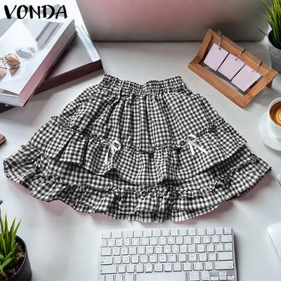 Summer Women Elastic Waist Plaid Print Layers Ruffled Casual Mini Skirts