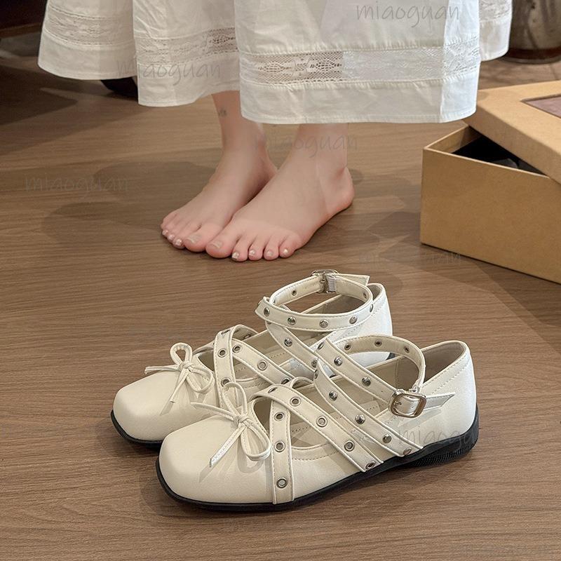 Fashion Retro Bow Cross Straps Mary Jane Shoes for Women 2025 Spring Autumn New Shallow Mouth Rivets Ballet Low Heel Pumps PU Square Toe