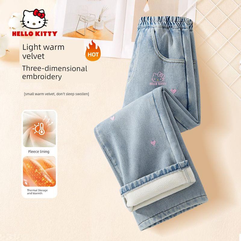 Hellokitty Girls' Fleece-Lined Pants 2025 New Children's Jeans Thickened with Integrated Fleece for Older Girls Winter Wear