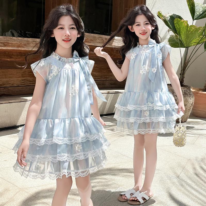 Girls' dress summer 2026 new French style small fly sleeves floral chiffon cake skirt princess skirt