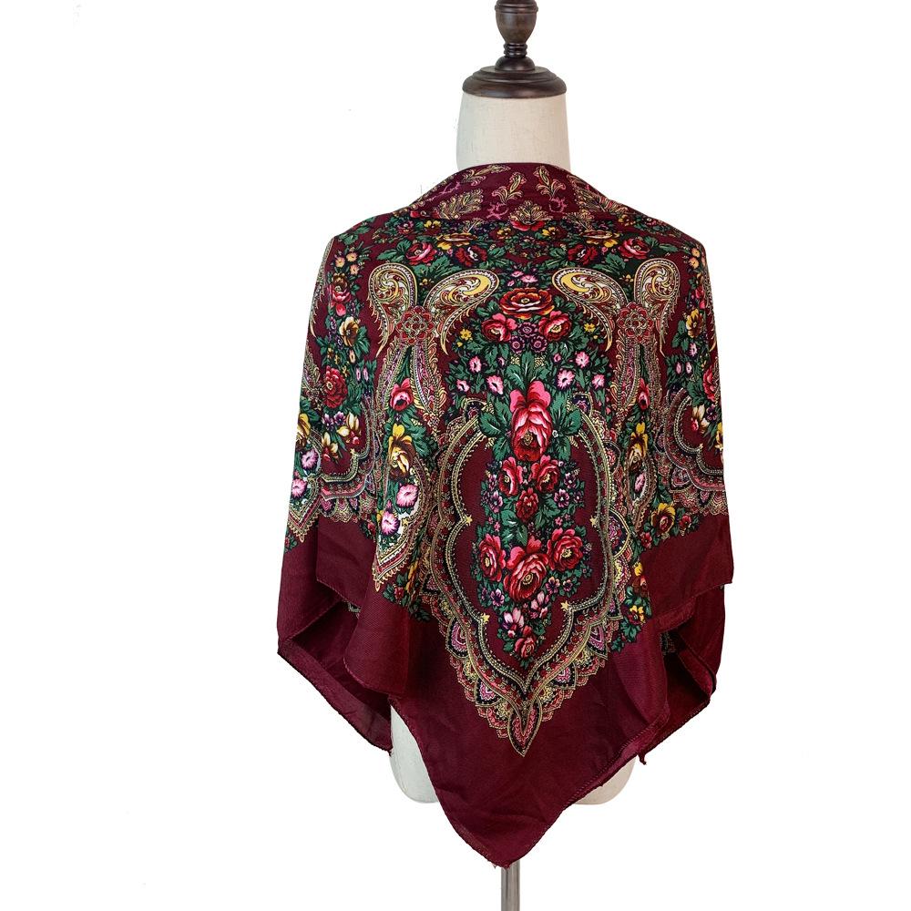 Ethnic Style Women s 100cm Square Scarf, Warm Travel Shawl, Sun Protection, Xinjiang Russian Print