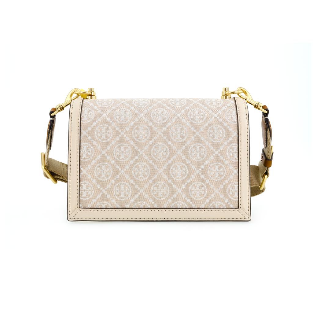 Tory Burch T Monogram Double T Logo All Over Print Fabric With Leather Trim Crossbody Shoulder Bag Small Women Bags Almond-White 147596-254