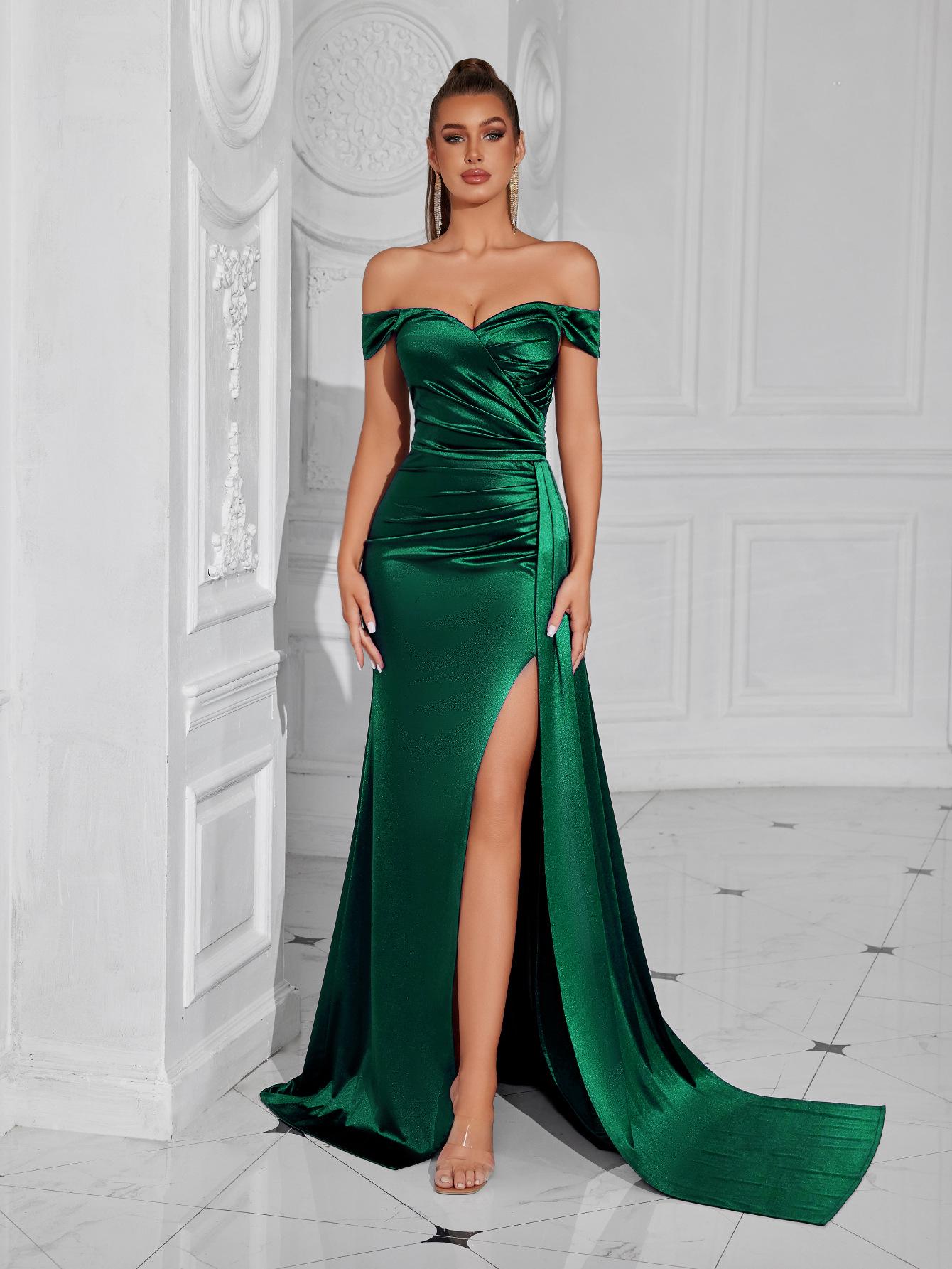 

Strapless Solid Color Off-Shoulder Slit Slim Fit Evening Gown L