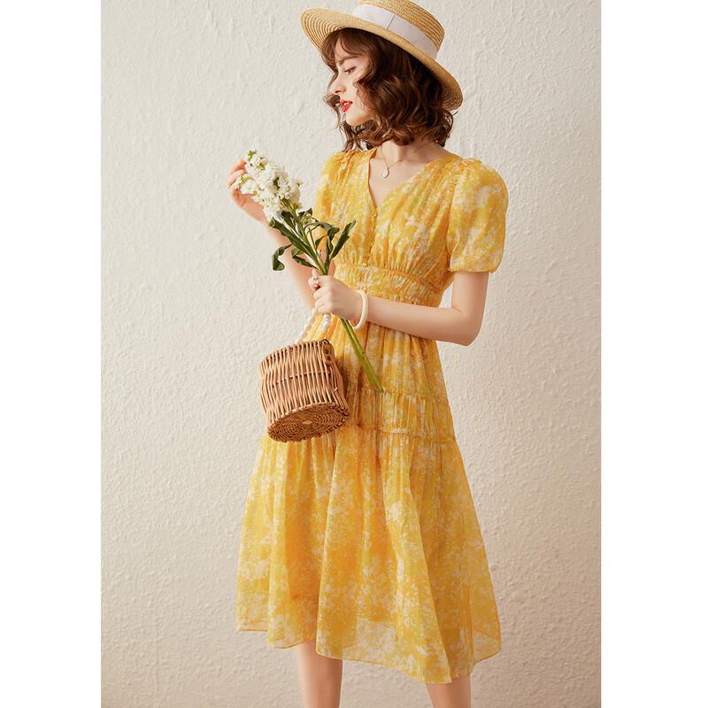 Bailuyu French Style V-Neck Floral Puff Sleeve Long Dress
