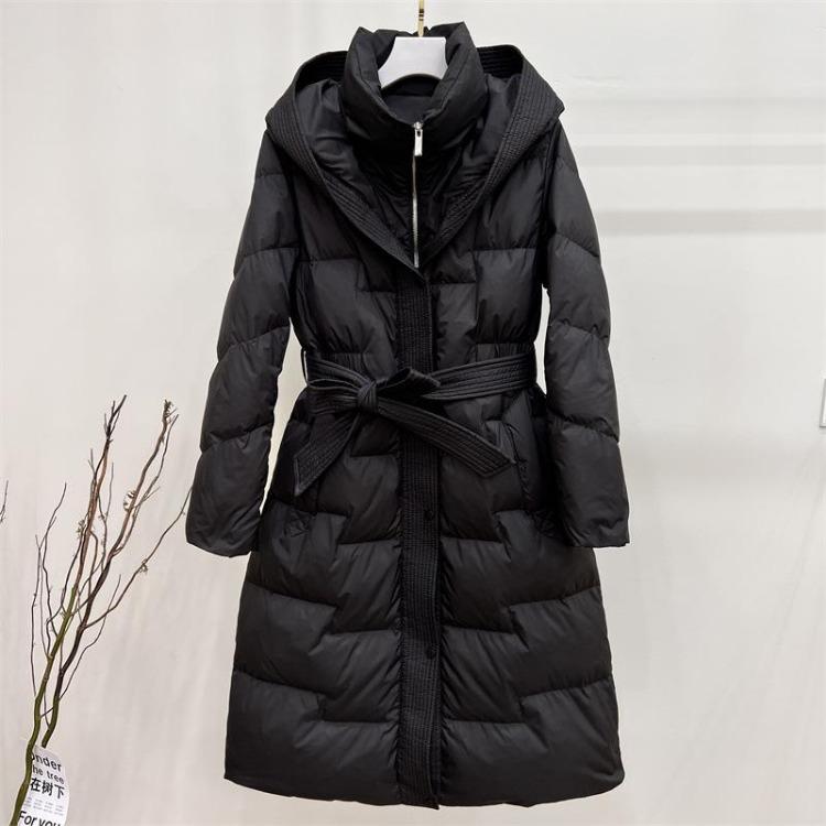 Warm Thickened Slim Fit Down Coat Long Hooded Knee Length Solid Color Casual Waist Slimming Winter Jacket M чёрный