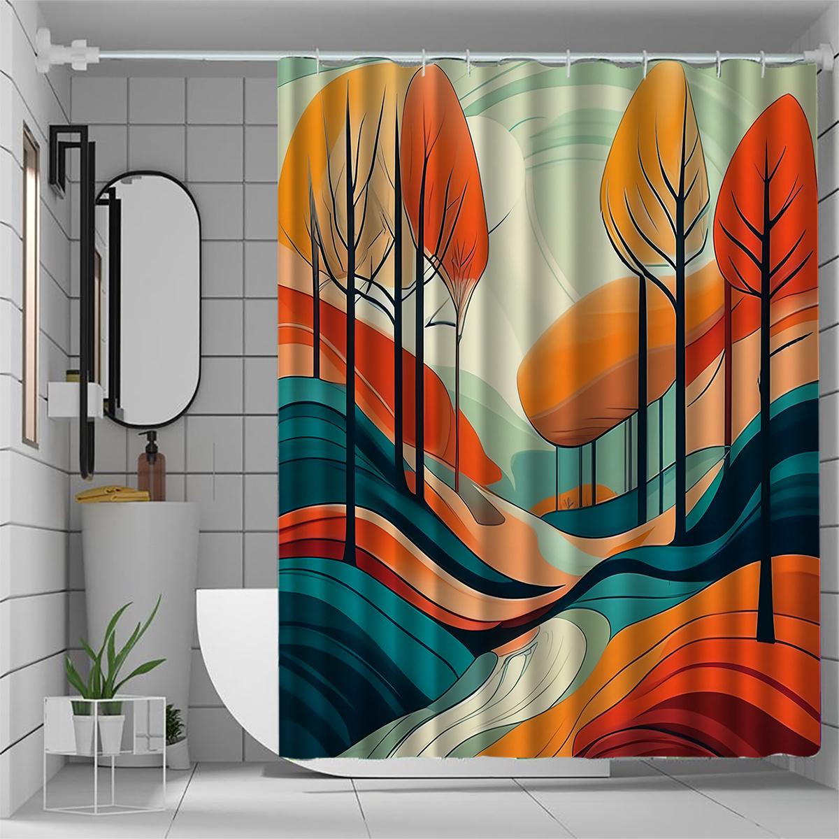 

Elegant Polyester Shower Curtain - Vibrant Abstract Tree Design,Rich Palette of Orange, Red, Green & Blue, All-Season Bath Decor W90xH180cm