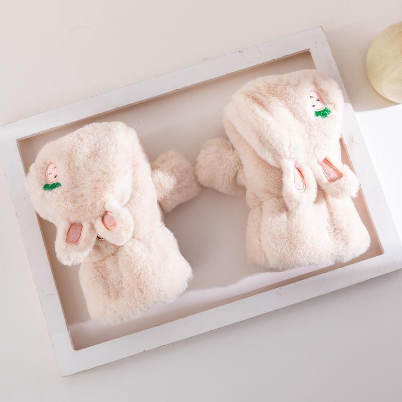 Mănuși cu urechi de iepure de pluș de toamnă și iarnă: Design drăguț cu jumătate de deget de desene animate, cald, compatibil cu ecran tactil pentru studenți și femei