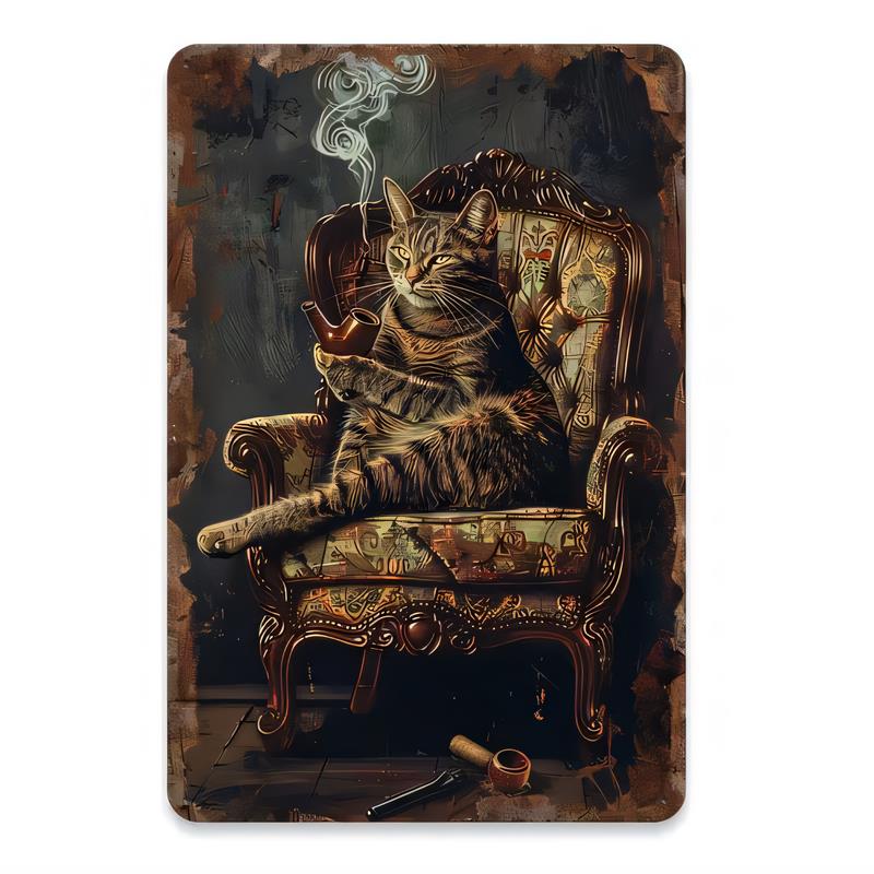 Tin Sign Cat Smoking Pipe Vintage Steampunk Cat Reading Newspaper Wall Decor Metal Plaque Retro Bar Pub Garage Home Kitchen Art