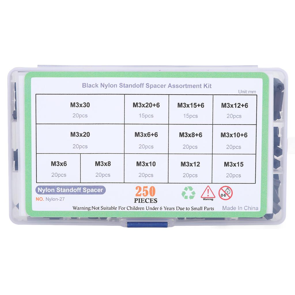 250Pcs Nylon Hex Spacer Standoff M3 Screw Nut Threaded Pillar for DIY UAV Industry