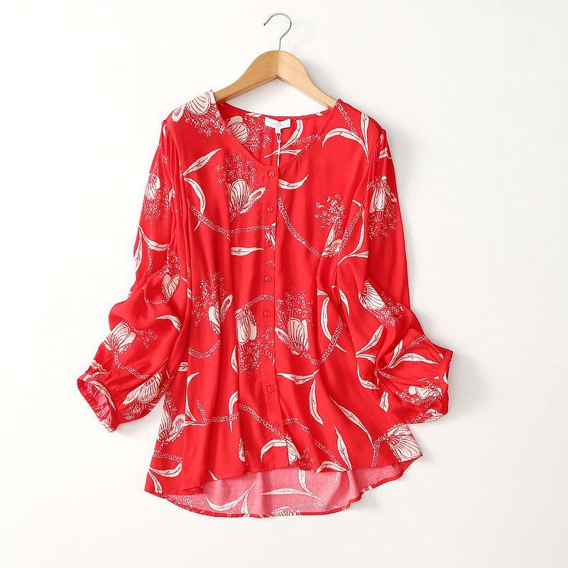 Foreign Trade Original Order Retro Print Loose Temperament Viscose Shirt Long Sleeves Artificial Cotton Tops Export Plus Size Women's Clothing