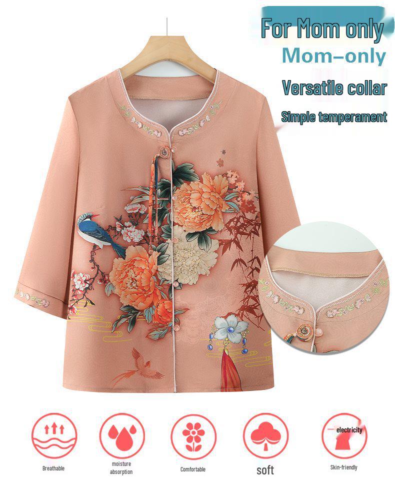 Floral Seven-Sleeve Shirt for Middle-Aged & Elderly Women – Chic Grandma Style, Summer Chinese Top