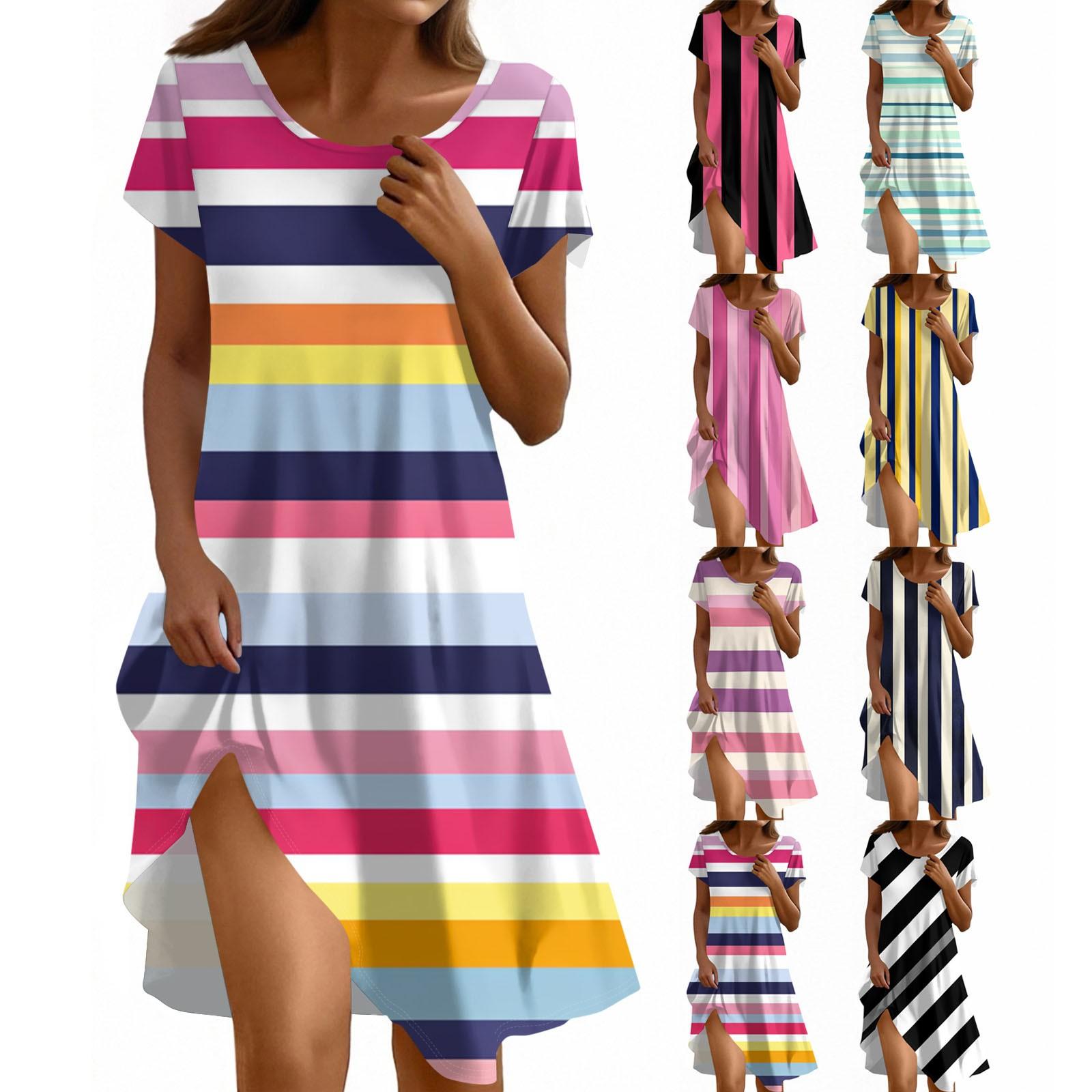 

Women s Fashionable Casual V-neck Short-sleeved Tie Striped Print Dress L чёрный