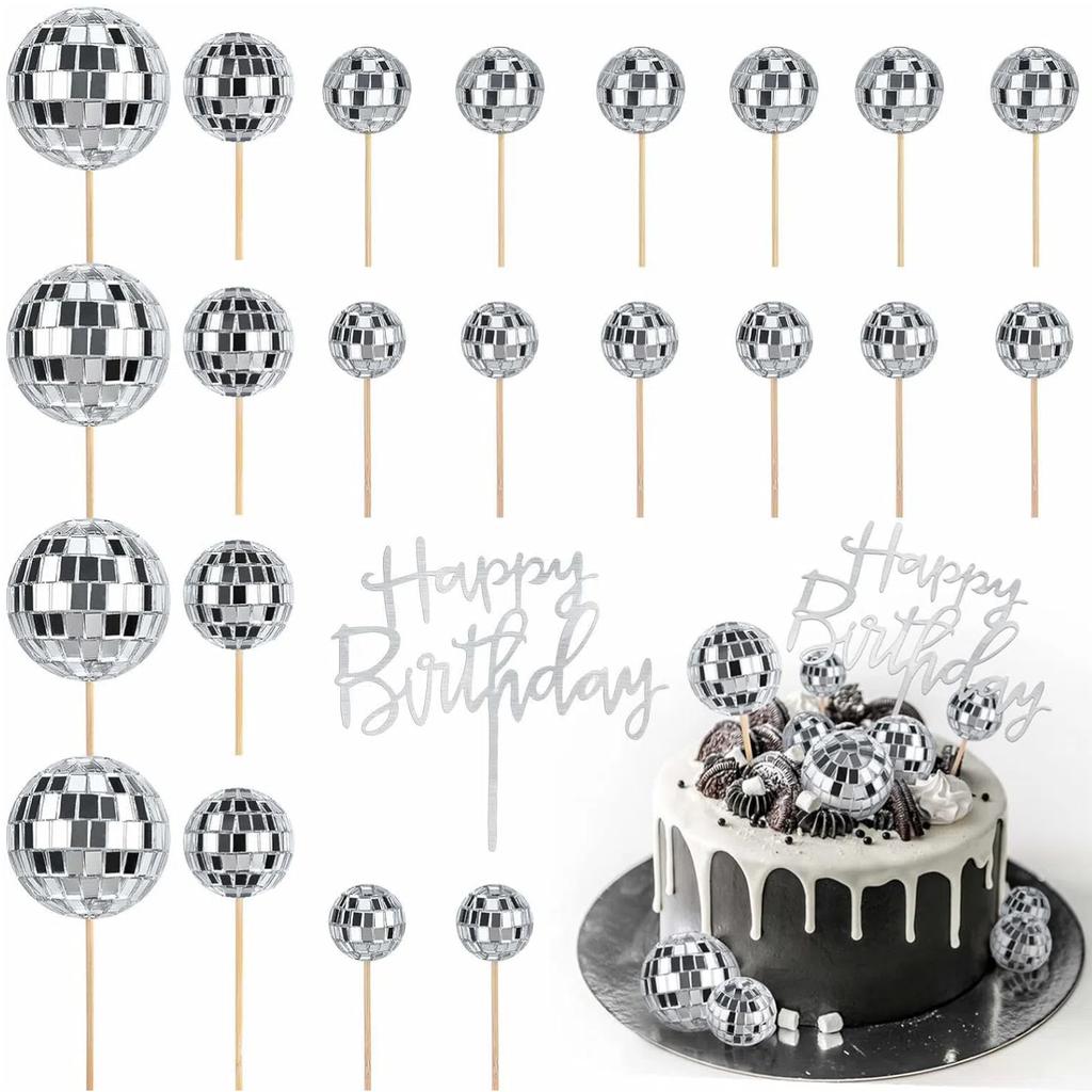 23pcs Disco Ball Cupcake Toppers Happy Birthday Cake Topper Decorations for Disco Theme Party 70s Disco Party Favor