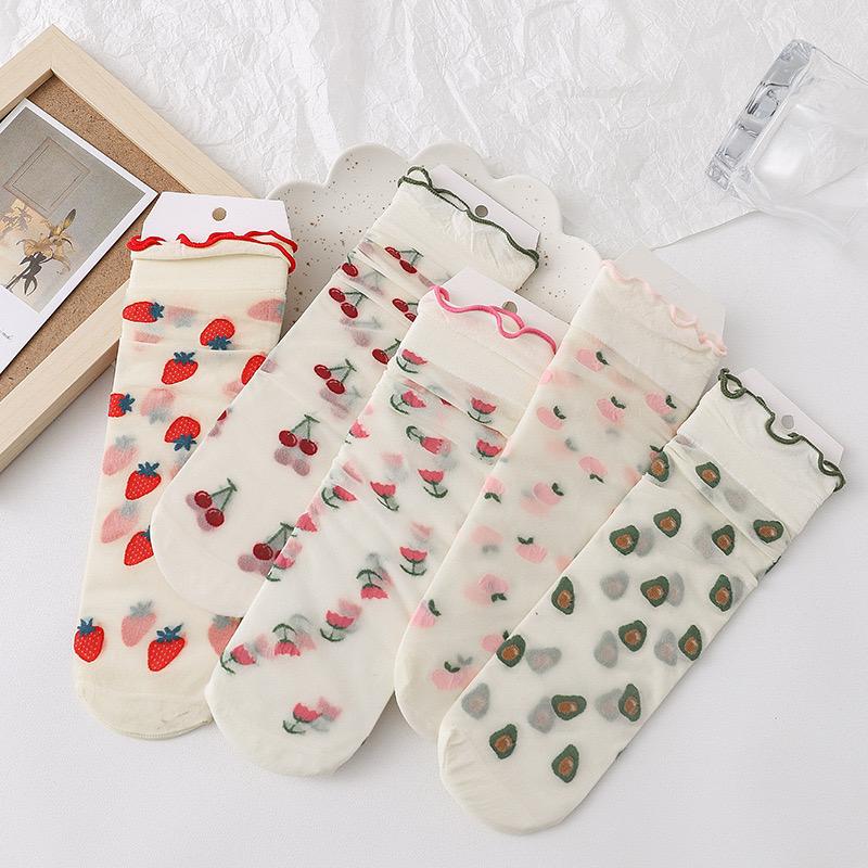 

5 Pair Breathable Ultra Thin Socks Summer Women Transparent Lace Silk Crystal Rose Flower Girls Elastic Short Socks Female Sox 5pair