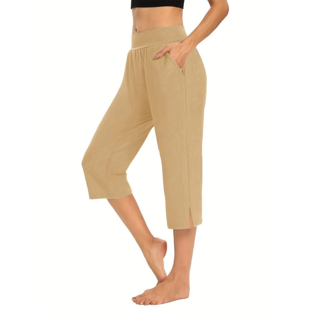 Women  Elastic High Waist 3/4 Pant Casual Active  Fit Wide Capris Leg Pants Trousers With Pockets