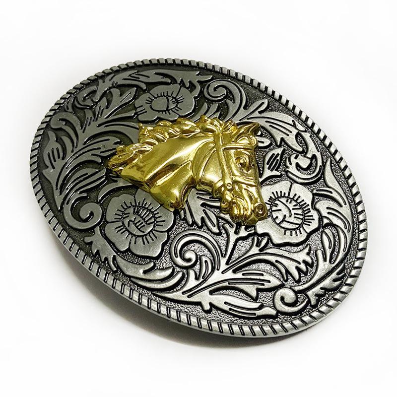 Patterned Horse Head Cowboy Higanbana Ethnic Oval Alloy Belt Buckle