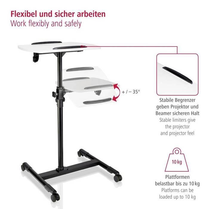 Table pr rétroproj. À 2 niv. (42x50/40x35cm), régl. Haut. Av. Roulet.