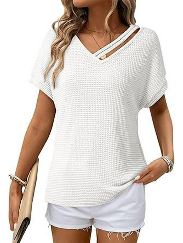 European & American Women s Waffle Knit V-Neck Short Sleeve Shirt Medium белый