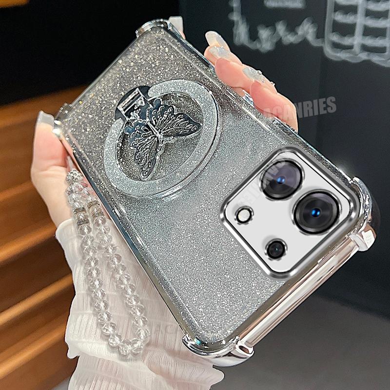 

Note13pro Lanyard Butterfly Holder Case For Xiaomi Redmi Note 13 Pro 13pro Note13 4g 5g Plating Shockproof Silicone Stand Cover Redmi Note 13 4G