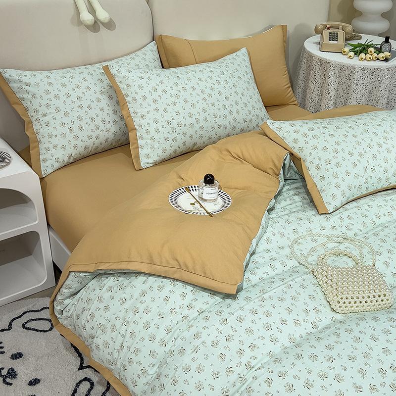 Category A Maternal and Infant Grade Washed Cotton and Linen Bed Cotton Four-piece Set and Three-piece Set Pure Cotton Bed Sheet and Quilt Cover