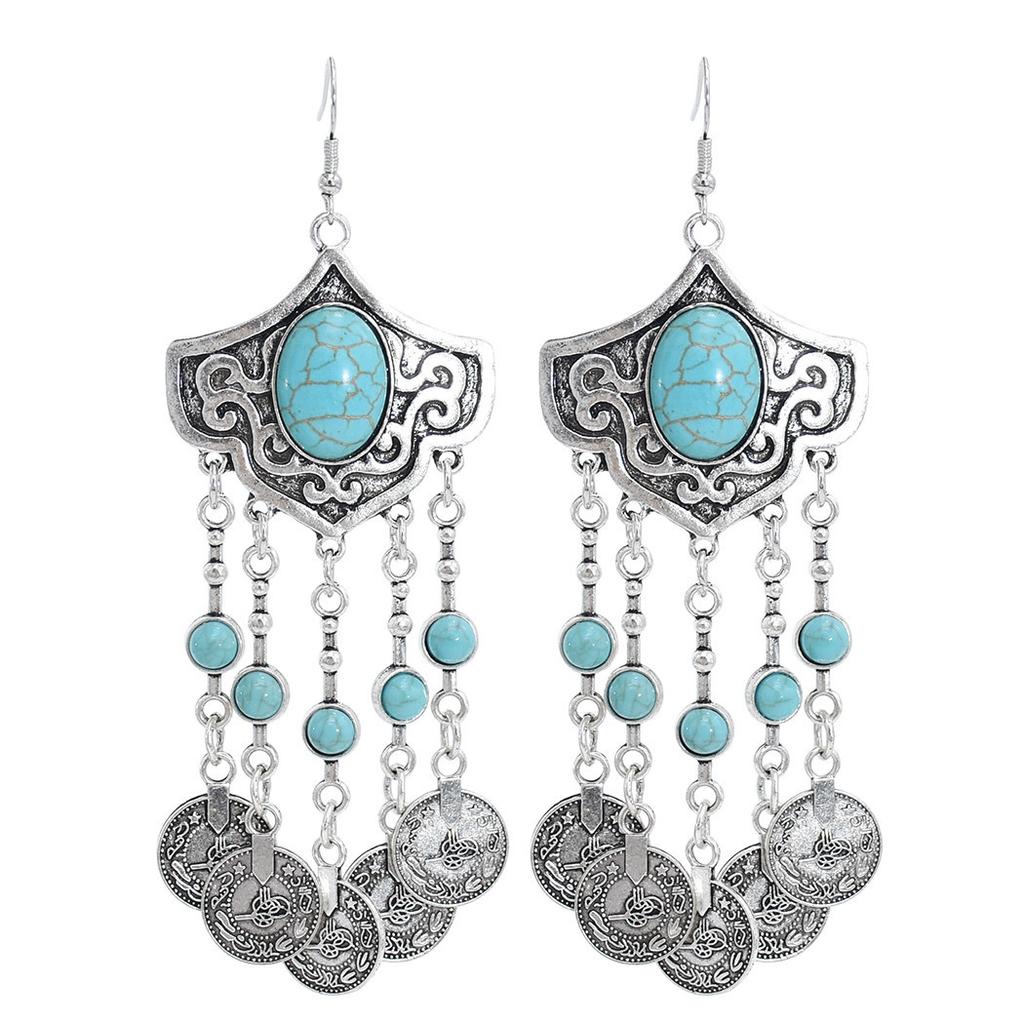 Ancient Silver Alloy Earrings, Xinjiang Ethnic Style Jewelry, Turkish Coins, Women's Fringed Earrings.