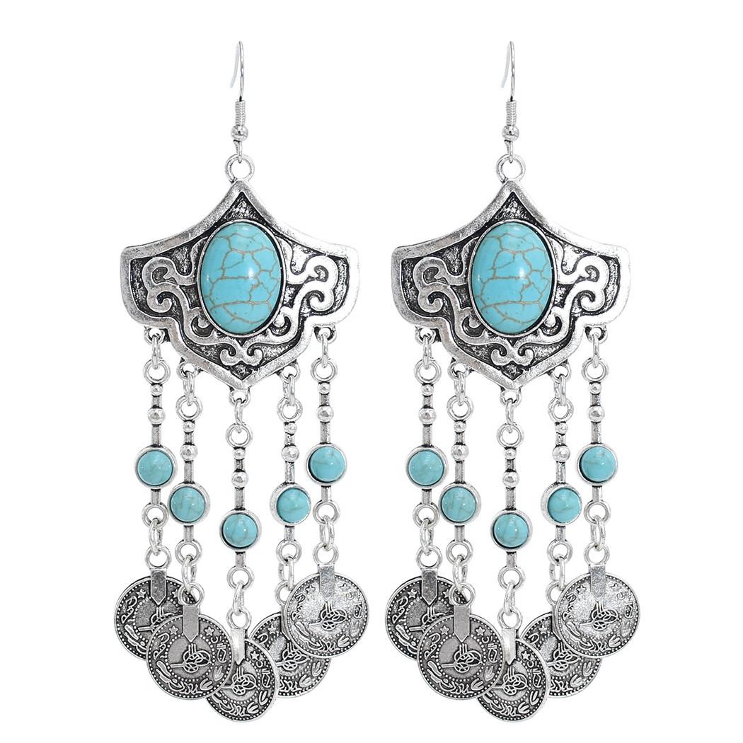 

Серьги из древнего серебряного сплава, украшения в этническом стиле Синьцзяна, турецкие монеты, женские серьги с бахромой. зелёный