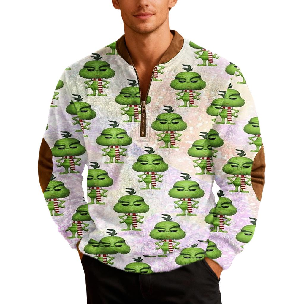 Men's Casual Cartoon-printed Semi-zipper Flannel Retro Long-sleeved Sweatshirt