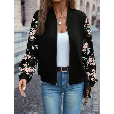 Floral Print Zip Up Jacket, Elegant Long Sleeve Baseball Collar Jacket For Spring & Fall, Women's Clothing