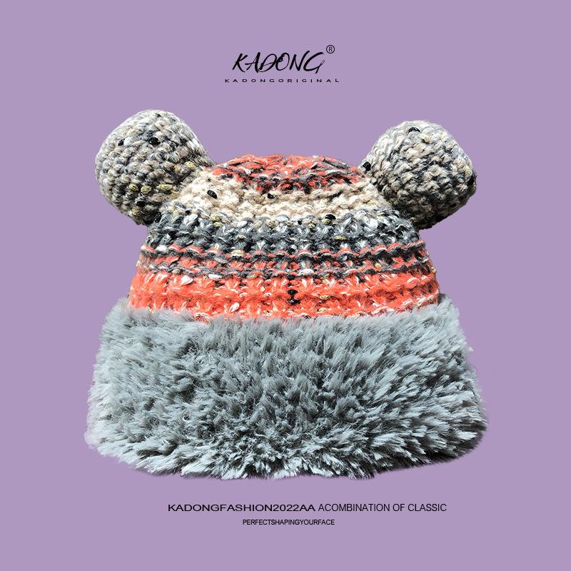 2025 Cute Bear Wool Hat Plush Warm Big Head Circumference Knitted Hat Headgear Season