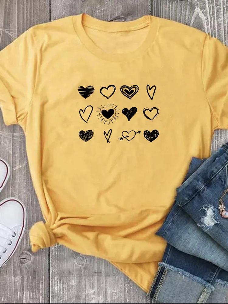 Three Rows Heart Print Women T Shirt Short Sleeve O Neck Loose Women Tshirt Ladies Tee Shirt Tops Clothes Camisetas Mujer