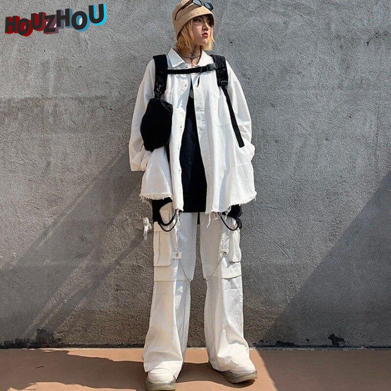 

Женские брюки-карго в стиле панк с цепочкой. Уличная одежда в стиле хип-хоп. Мешковатые корейские дизайнерские брюки Harajuku с широкими штанинами для бега в клубном стиле. XXL слоновая кость