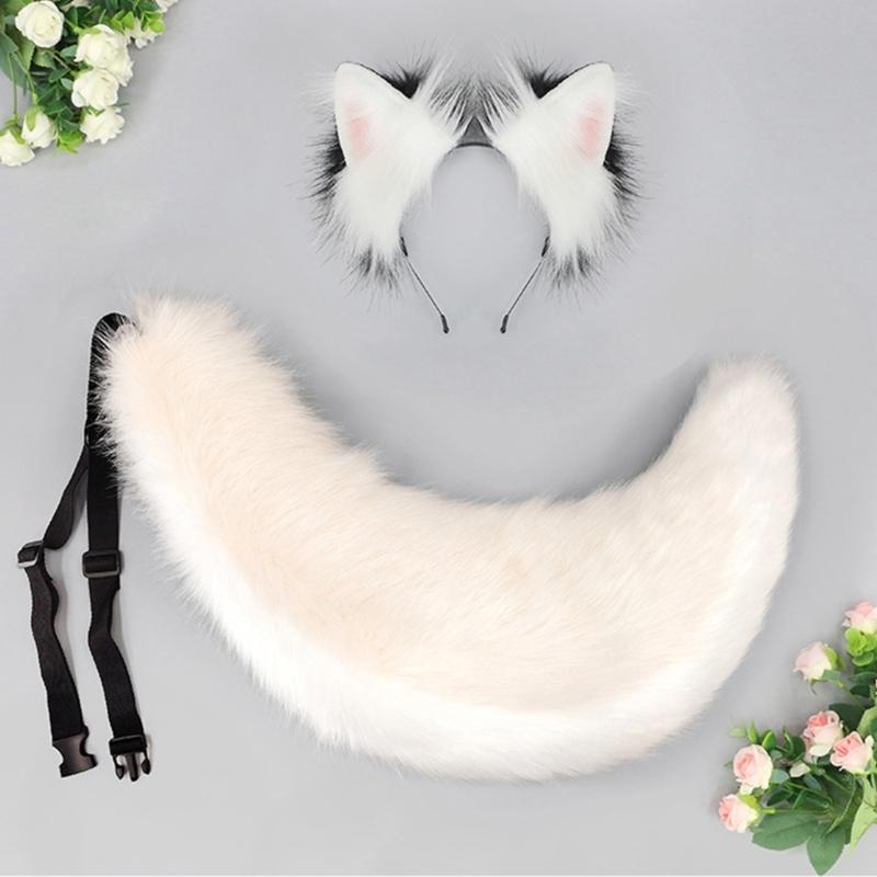 Foxes Wolf Ears Headband Faux Furs Tail Halloween Cosplay Party Costume Accessories Gumiho Costume for Women Men Gifts