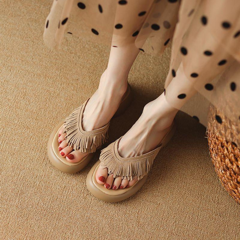 Tassel flip-flops frosted leather cool slippers women's 2025 summer new fashion sandals mid-heel toe slippers
