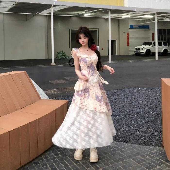 

French retro floral suspender dress women s spring and summer temperament vacation waist and thin irregular splicing long skirt S
