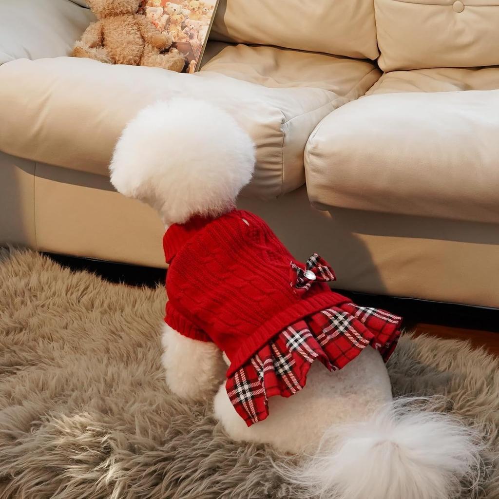 WOYYHO Small Dog Sweater Dress with Bowtie Dogs Clothes Sweater Pleated Skirt with Leash Hole Puppy Winter Outfit Dog Pullover Knitwear Puppy