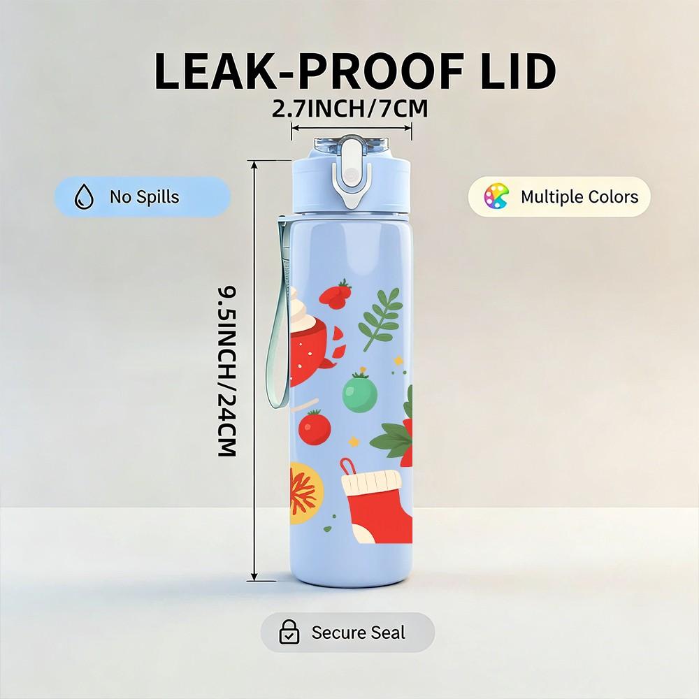 1PC Christmas Poinsettia Flower 750ml Color Plastic Sports Water Bottle Leakproof Flip Straw Lid Suitable for Sports Office Home Use