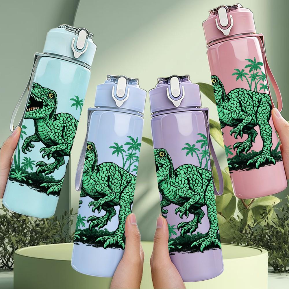 1PC Green T Rex Dinosaur Jungle Print 750ml Color Plastic Sports Water Bottle Leakproof Flip Straw Lid Suitable for Sports Office Home Use