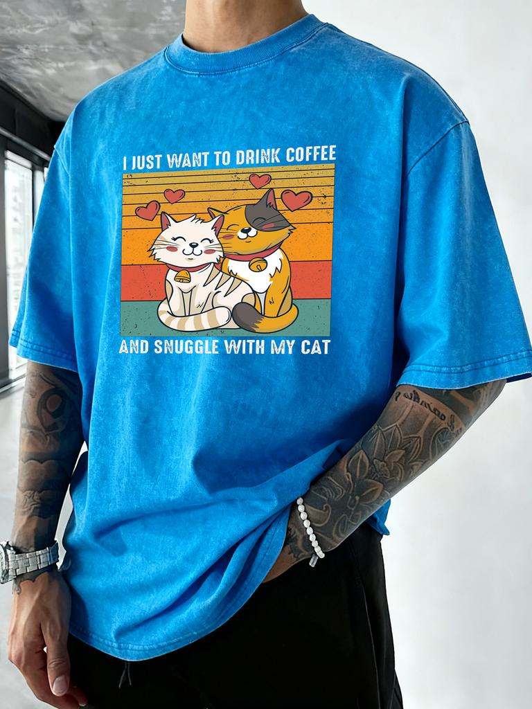 I Want To Have Coffee With My Cat Prints Men Washed Tee Shirt Casual Soft TShirts Breathable Loose Clothes Cotton Summer Top